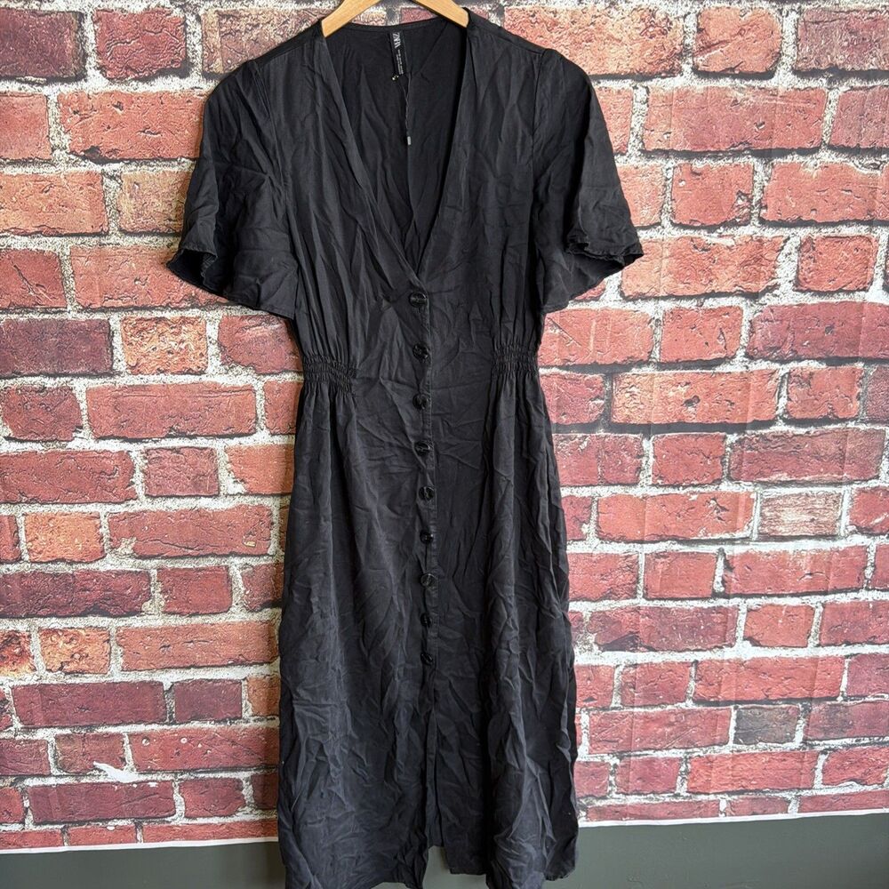 Zara Black Washed Deep V Neck Button Down Short Sleeve Mini Dress